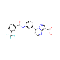 COC(=O)c1cnn2c(-c3cccc(NC(=O)c4cccc(C(F)(F)F)c4)c3)ccnc12 ZINC000043010444