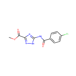 COC(=O)c1n[nH]c(NC(=O)c2ccc(Cl)cc2)n1 ZINC000004200558