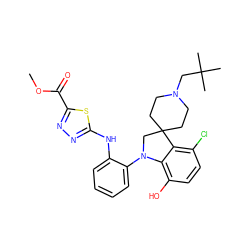 COC(=O)c1nnc(Nc2ccccc2N2CC3(CCN(CC(C)(C)C)CC3)c3c(Cl)ccc(O)c32)s1 ZINC000208046444