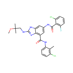 COC(C)(C)CNc1nc2c(C(=O)Nc3cccc(Cl)c3C)cc(NC(=O)c3c(F)cccc3Cl)cc2[nH]1 ZINC000220354547