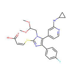 COC(Cn1c(S/C=C\C(=O)O)nc(-c2ccc(F)cc2)c1-c1ccnc(NC2CC2)c1)OC ZINC000299858199