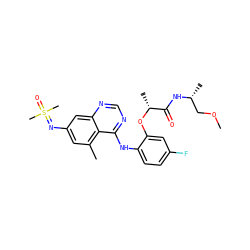 COC[C@@H](C)NC(=O)[C@@H](C)Oc1cc(F)ccc1Nc1ncnc2cc(N=S(C)(C)=O)cc(C)c12 ZINC001772581078