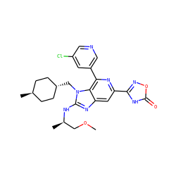 COC[C@@H](C)Nc1nc2cc(-c3noc(=O)[nH]3)nc(-c3cncc(Cl)c3)c2n1C[C@H]1CC[C@H](C)CC1 ZINC000261110831