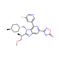 COC[C@@H](C)c1nc2cc(-c3noc(=O)[nH]3)nc(-c3cncc(Cl)c3)c2n1C[C@H]1CC[C@H](C)CC1 ZINC000261157503