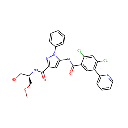 COC[C@@H](CO)NC(=O)c1cc(NC(=O)c2cc(-c3ccccn3)c(Cl)cc2Cl)n(-c2ccccc2)n1 ZINC001772603174