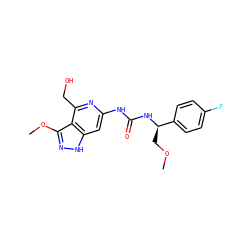 COC[C@@H](NC(=O)Nc1cc2[nH]nc(OC)c2c(CO)n1)c1ccc(F)cc1 ZINC001772617392