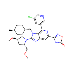 COC[C@@H]1C[C@@H](OC)CN1c1nc2cc(-c3noc(=O)[nH]3)nc(-c3cncc(Cl)c3)c2n1C[C@H]1CC[C@H](C)CC1 ZINC000261081910