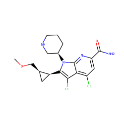 COC[C@@H]1C[C@@H]1c1c(Cl)c2c(Cl)cc(C(N)=O)nc2n1[C@@H]1CCCNC1 ZINC001772584588