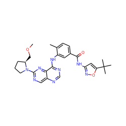 COC[C@@H]1CCCN1c1ncc2ncnc(Nc3cc(C(=O)Nc4cc(C(C)(C)C)on4)ccc3C)c2n1 ZINC000148263356