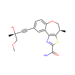 COC[C@](C)(O)C#Cc1ccc2c(c1)-c1nc(C(N)=O)sc1[C@H](F)CO2 ZINC000219403252