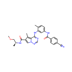 COC[C@H](C)NC(=O)c1cn2ncnc(Nc3cc(NC(=O)c4ccc(C#N)cc4)ccc3C)c2c1C ZINC000029048838