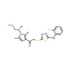 COC[C@H](C)n1c(C)cc(C(=O)CSc2nnc(Nc3ccccc3F)s2)c1C ZINC000002626160