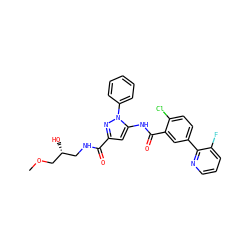 COC[C@H](O)CNC(=O)c1cc(NC(=O)c2cc(-c3ncccc3F)ccc2Cl)n(-c2ccccc2)n1 ZINC001772626077