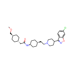 COC[C@H]1CC[C@H](CC(=O)N[C@H]2CC[C@H](CCN3CCC(c4noc5cc(Cl)ccc45)CC3)CC2)CC1 ZINC001772571276