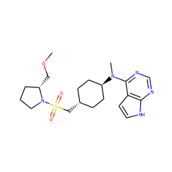 COC[C@H]1CCCN1S(=O)(=O)C[C@H]1CC[C@H](N(C)c2ncnc3[nH]ccc23)CC1 ZINC000261085932