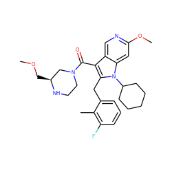 COC[C@H]1CN(C(=O)c2c(Cc3cccc(F)c3C)n(C3CCCCC3)c3cc(OC)ncc23)CCN1 ZINC000072141215