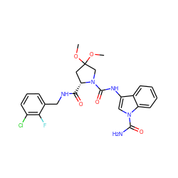COC1(OC)C[C@@H](C(=O)NCc2cccc(Cl)c2F)N(C(=O)Nc2cn(C(N)=O)c3ccccc23)C1 ZINC000225344790