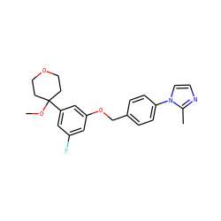 COC1(c2cc(F)cc(OCc3ccc(-n4ccnc4C)cc3)c2)CCOCC1 ZINC000000580641