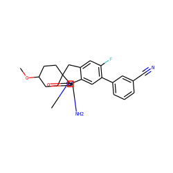 COC1CCC2(CC1)Cc1cc(F)c(-c3cccc(C#N)c3)cc1[C@]21N=C(N)N(C)C1=O ZINC000201213294