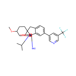 COC1CCC2(CC1)Cc1ccc(-c3cncc(C(F)(F)F)c3)cc1[C@@]21N=C(N)N(C(C)C)C1=O ZINC000141083466