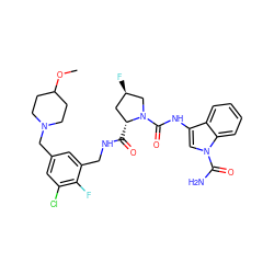 COC1CCN(Cc2cc(Cl)c(F)c(CNC(=O)[C@@H]3C[C@@H](F)CN3C(=O)Nc3cn(C(N)=O)c4ccccc34)c2)CC1 ZINC000148447251