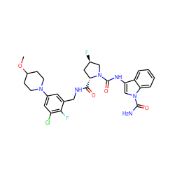 COC1CCN(c2cc(Cl)c(F)c(CNC(=O)[C@@H]3C[C@@H](F)CN3C(=O)Nc3cn(C(N)=O)c4ccccc34)c2)CC1 ZINC000148232919