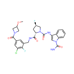 COC1CN(C(=O)c2cc(Cl)c(F)c(CNC(=O)[C@@H]3C[C@@H](F)CN3C(=O)Nc3cn(C(N)=O)c4ccccc34)c2)C1 ZINC000148433704