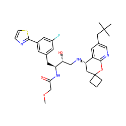COCC(=O)N[C@@H](Cc1cc(F)cc(-c2nccs2)c1)[C@H](O)CN[C@H]1CC2(CCC2)Oc2ncc(CC(C)(C)C)cc21 ZINC000095579766