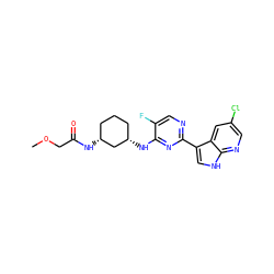 COCC(=O)N[C@@H]1CCC[C@H](Nc2nc(-c3c[nH]c4ncc(Cl)cc34)ncc2F)C1 ZINC000165671755