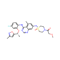 COCC(=O)N1CCS(=O)(=Nc2cc(C)c3c(Nc4ccc(F)cc4O[C@H](C)c4cc(C)no4)ncnc3c2)CC1 ZINC001772602887