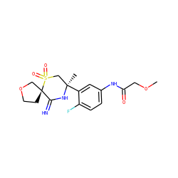 COCC(=O)Nc1ccc(F)c([C@]2(C)CS(=O)(=O)[C@]3(CCOC3)C(=N)N2)c1 ZINC000147248297