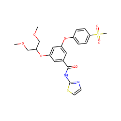 COCC(COC)Oc1cc(Oc2ccc(S(C)(=O)=O)cc2)cc(C(=O)Nc2nccs2)c1 ZINC000038912406