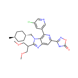 COCC(COC)c1nc2cc(-c3noc(=O)[nH]3)nc(-c3cncc(Cl)c3)c2n1C[C@H]1CC[C@H](C)CC1 ZINC000261117226