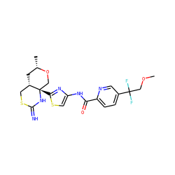COCC(F)(F)c1ccc(C(=O)Nc2csc([C@]34CO[C@@H](C)C[C@H]3CSC(=N)N4)n2)nc1 ZINC001772599615