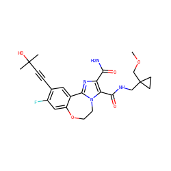 COCC1(CNC(=O)c2c(C(N)=O)nc3n2CCOc2cc(F)c(C#CC(C)(C)O)cc2-3)CC1 ZINC000205802188