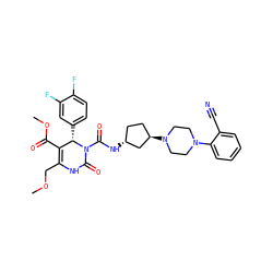 COCC1=C(C(=O)OC)[C@H](c2ccc(F)c(F)c2)N(C(=O)N[C@@H]2CC[C@@H](N3CCN(c4ccccc4C#N)CC3)C2)C(=O)N1 ZINC000029561206