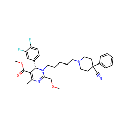 COCC1=NC(C)=C(C(=O)OC)[C@H](c2ccc(F)c(F)c2)N1CCCCCN1CCC(C#N)(c2ccccc2)CC1 ZINC000014096345