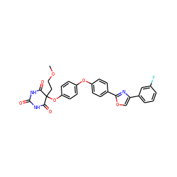 COCCC1(Oc2ccc(Oc3ccc(-c4nc(-c5cccc(F)c5)co4)cc3)cc2)C(=O)NC(=O)NC1=O ZINC000034802391
