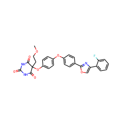 COCCC1(Oc2ccc(Oc3ccc(-c4nc(-c5ccccc5F)co4)cc3)cc2)C(=O)NC(=O)NC1=O ZINC000003926113