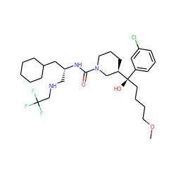 COCCCC[C@@](O)(c1cccc(Cl)c1)[C@@H]1CCCN(C(=O)N[C@H](CNCC(F)(F)F)CC2CCCCC2)C1 ZINC000096300941