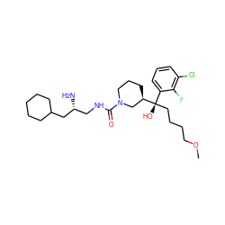 COCCCC[C@@](O)(c1cccc(Cl)c1F)[C@@H]1CCCN(C(=O)NC[C@@H](N)CC2CCCCC2)C1 ZINC000084597066