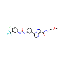 COCCCNC(=O)c1cnn2c(-c3cccc(NC(=O)Nc4ccc(Cl)c(C(F)(F)F)c4)c3)ccnc12 ZINC000043063625