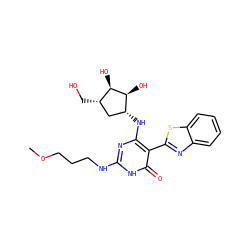 COCCCNc1nc(N[C@@H]2C[C@H](CO)[C@@H](O)[C@H]2O)c(-c2nc3ccccc3s2)c(=O)[nH]1 ZINC001772614559