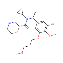 COCCCOc1cc([C@@H](C)N(C(=O)[C@H]2CNCCO2)C2CC2)cc(Br)c1OC ZINC000203692610
