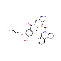 COCCCOc1cc(C(=O)N(C[C@@H]2CNC[C@H]2OC(=O)N(C)Cc2ccccc2N2CCCC2)C(C)C)ccc1OC ZINC000299855269