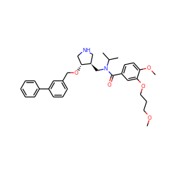 COCCCOc1cc(C(=O)N(C[C@@H]2CNC[C@H]2OCc2cccc(-c3ccccc3)c2)C(C)C)ccc1OC ZINC000144839031
