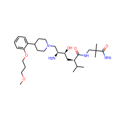 COCCCOc1ccccc1C1CCN(C[C@H](N)[C@@H](O)C[C@@H](C(=O)NCC(C)(C)C(N)=O)C(C)C)CC1 ZINC000169290829