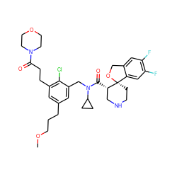 COCCCc1cc(CCC(=O)N2CCOCC2)c(Cl)c(CN(C(=O)[C@H]2CNCC[C@@]23OCc2cc(F)c(F)cc23)C2CC2)c1 ZINC000082137978
