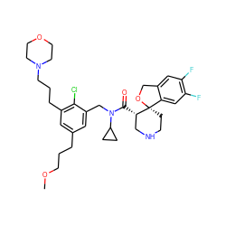 COCCCc1cc(CCCN2CCOCC2)c(Cl)c(CN(C(=O)[C@H]2CNCC[C@@]23OCc2cc(F)c(F)cc23)C2CC2)c1 ZINC000073158011