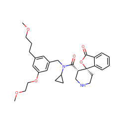 COCCCc1cc(CN(C(=O)[C@H]2CNCC[C@@]23OC(=O)c2ccccc23)C2CC2)cc(OCCOC)c1 ZINC000073169533